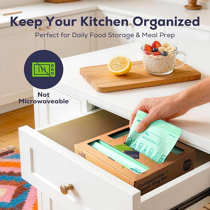 Fit Meal Prep 100% Compostable Food Storage Bags Set, Resealable Bags Plant-Based Freezer Bag for Food, ASTM D6400, US BPI & EU OK Compost Certified