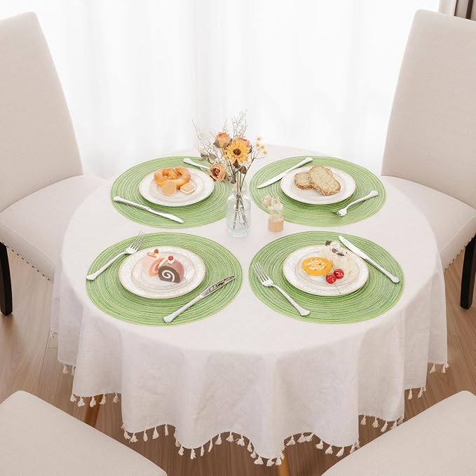SHACOS Round Placemats Set of 4 Round Table Placemats Braided Cotton Place Mats 15 inch for Kitchen Dining Table Holiday Party (Mixed Color Pea Green, 4)