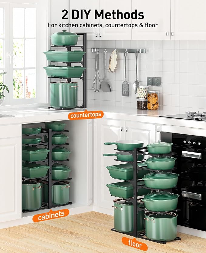 ORDORA Pots and Pans Organizer under Cabinet 23.62" Height, 10-Tier Kitchen Cabinet Organizers and Storage, Heavy Duty Pots and Pan Storage Rack Organizer inside Cabinet, Adjustable Pot Rack