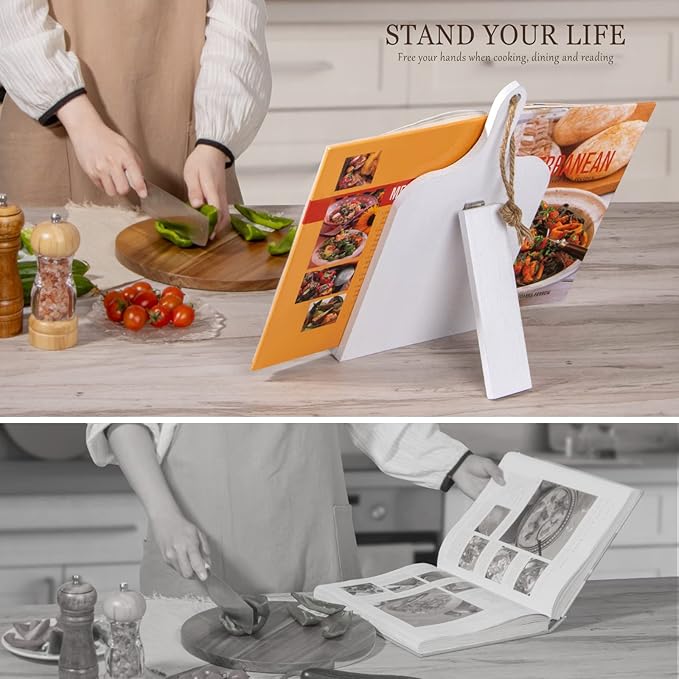 PUERSI Cook Book Stand for Kitchen Counter, Wooden Cookbook Holder, Adjustable Recipe Book Holder - White