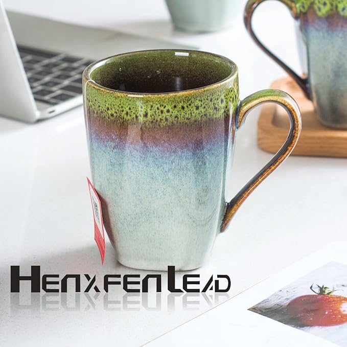 HENXFEN LEAD Coffee Mugs 10 Oz, Ceramic Cups with Large Handle for Coffee, Soup, Tea, Milk, Latte and Hot Cocoa, Mug Gift Set Microwave Oven Safe - Set of 4, Green