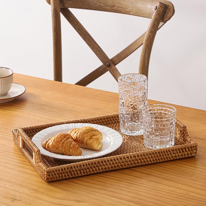 14.5'' Rattan Serving Tray Rectangle with Handles, Vintage Wicker Tray for Decor, Boho Seagrass Coffee Table Basket, Hand Woven Decorative Table Tray for Kitchen, Breakfast, Bathroom, Outdoor