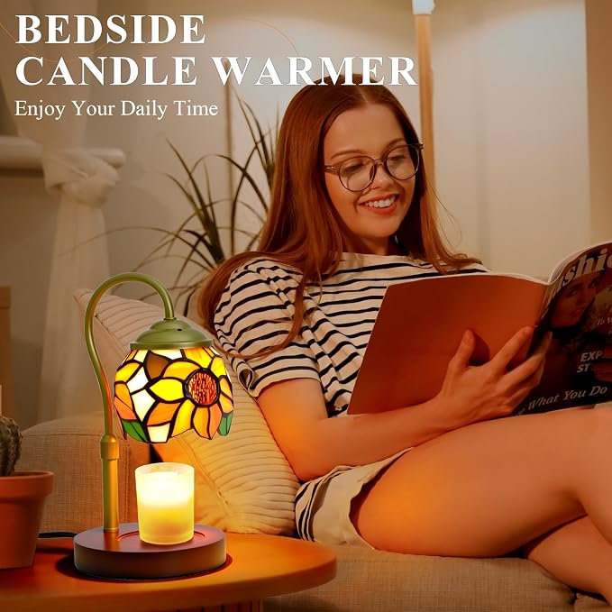 Candle Warmer Lamp - Electric Candle Lamps Timer Dimmer, Sunflower Tiffany Style Stained Glass Candle Warming Lamp Compatible with Jar Candles Valentine Birthday Gifts for Mom Friend Wax Melt Warmer