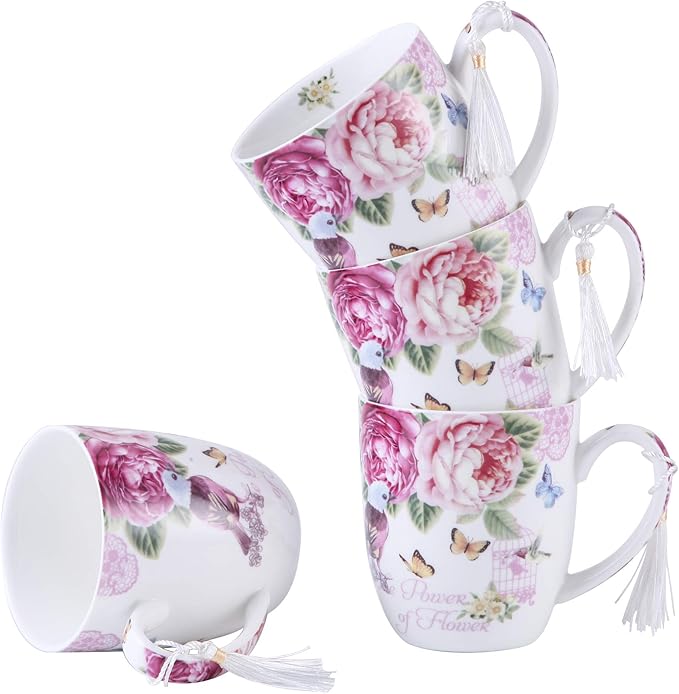London Boutique Tea Coffee Cup Mug Set 4 Porcelain Bird Rose Butterfly Shabby Chic design in Gift Box 330ML 11oz