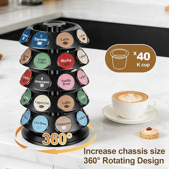 K Cup Holder, Coffee Pod Capsule Carousel for Keurig, 40 Capsule Spinning Organizer with 360° Turntable, Kitchen & Office Detachable Coffee Pod Organizer for Countertop