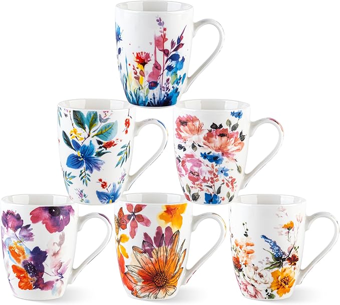 GBhome 12oz Coffee Mugs Set fo 6, Ceramic Coffee Mugs with Decaled Flowers for Man Woman Mom Dad, Light Weight Coffee Mugs Set for Latte/Cappuccino/Cocoa/Milk, Dishwasher & Microwave Safe