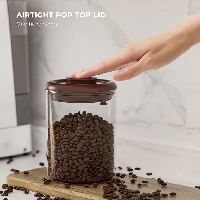 6OZ Clear Glass Coffee Canister with Pop Lid - Airtight Coffee Jar for Picnic, Travel & Camping - Air Tight Food Container for Beans & Tea