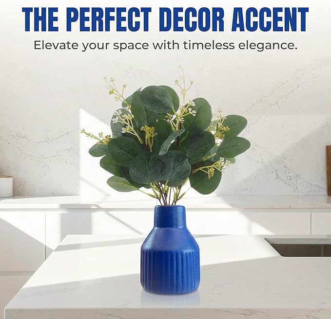 Artificial Eucalyptus Greenery Stems in Ceramic Vase 10Pcs Fake Plants Eucalyptus Leaves for Centerpiece Table Decorations Home Room Decor Office Desk Decor Greenery Decor Indoor (Blue)