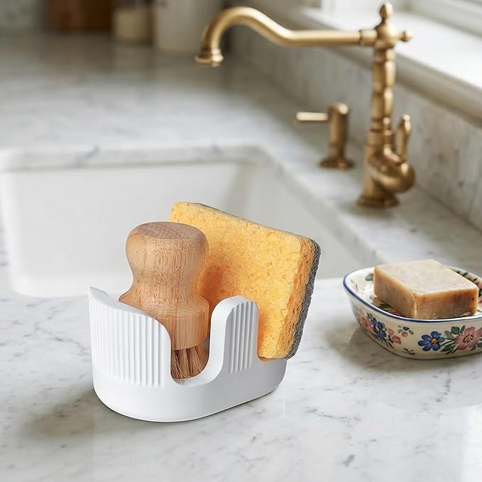 Diatomite Sponge Holder with 2 Slot Design – Quick Drying, Absorbent & Space-Saving Organizer for Kitchen Sponges, Scrubbers & Brushes – Keeps Sponges Dry and Countertop Clean, Bright White