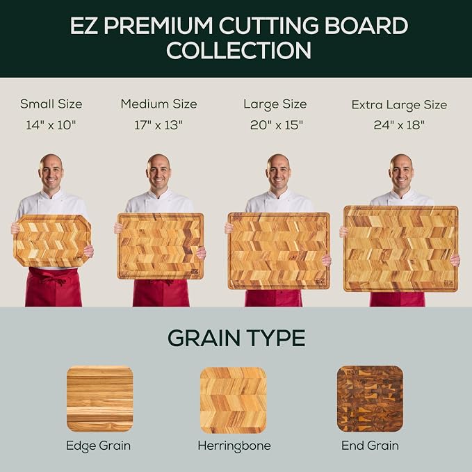 EZ FURNITURE Small (S) Teak Edge Grain Cutting Board, Reversible, Knife-Friendly Charcuterie Wood Cutting Board, Juice Groove & Handles, Non-Toxic, Gift Box Included (Herringbone, 14" x 10" x 0.7")