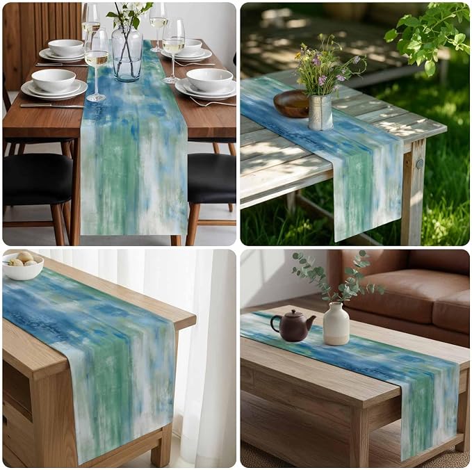 Blue Green Table Runners 60 Inches Long, Cotton Linen Fabric Table Runner Dresser Scarf, Modern Abstract Minimalist Texture Watercolor Tablerunner for Party/Kitchen/Dinner/Wedding Decor 13"x60"