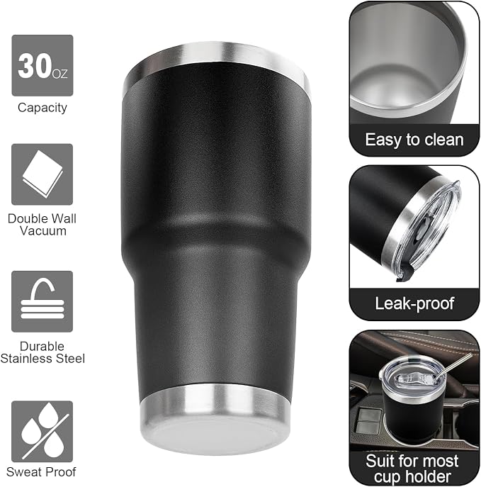 30 oz Tumbler with Lids and Straws Double Wall Vacuum Insulated Tumbler,Stainless Steel Leak-proof Tumbler Cup Powder Coated Travel Coffee Mug for Cold and Hot Drinks,Black Pink,2 pack