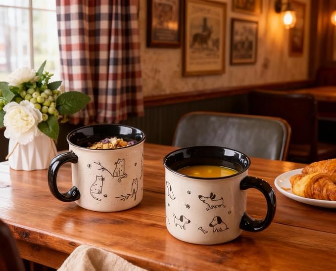 AmorArc 22 OZ Large Ceramic Coffee Mugs Set of 2, Oversized Mugs With Big Handle for Men Women Dad Mom, Big Mug With Textured Dogs Cats Patterns for Office & Home -Microwave Safe, 2 Pcs-Black