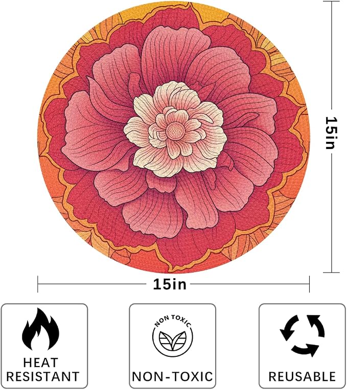 Round Placemats Set of 4, Pink Orange Flowers Woven Placemats Mats Non-Slip Heat Resistant Washable Table Mats Round Braided Place for Farmhouse Kitchen Dining Party Decor 15in