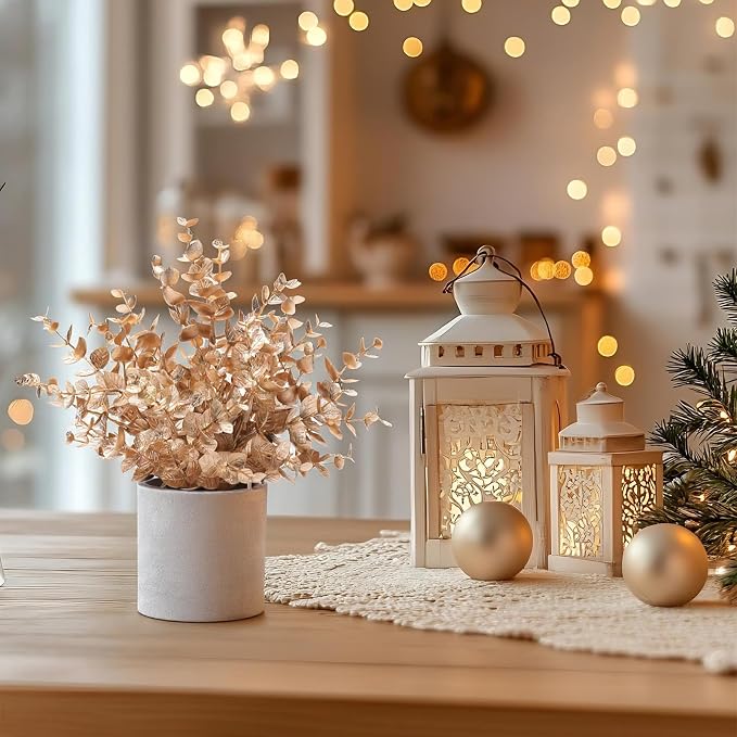 Coferset 2 Pack Gold Eucalyptus Small Fake Plants Potted Artificial Plants for Christmas Decorations Shelf Desk Home Farmhouse Room Coffee Table Bathroom Decor