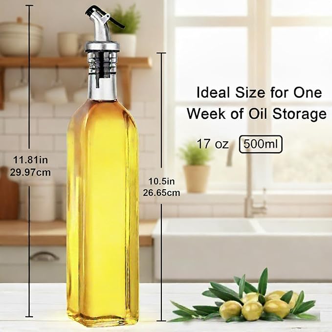 WERTIOO Olive Oil Dispenser Bottle,4Pack 17 OZ Glass Oil Dispenser for Kitchen with 4 Pourer,2 Stainless Steel Funnel & 1 Pen and 8 Label for Kitchen (500ml)