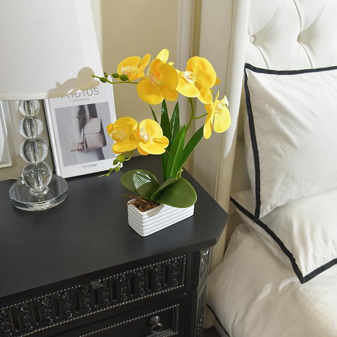 Artificial Real Touch Orchid Flowers in Pot Fake Phalaenopsis Flower with White Ceramic Vase Faux Orchids Arrangement for Home Table Office Wedding Party Decoration (Yellow)