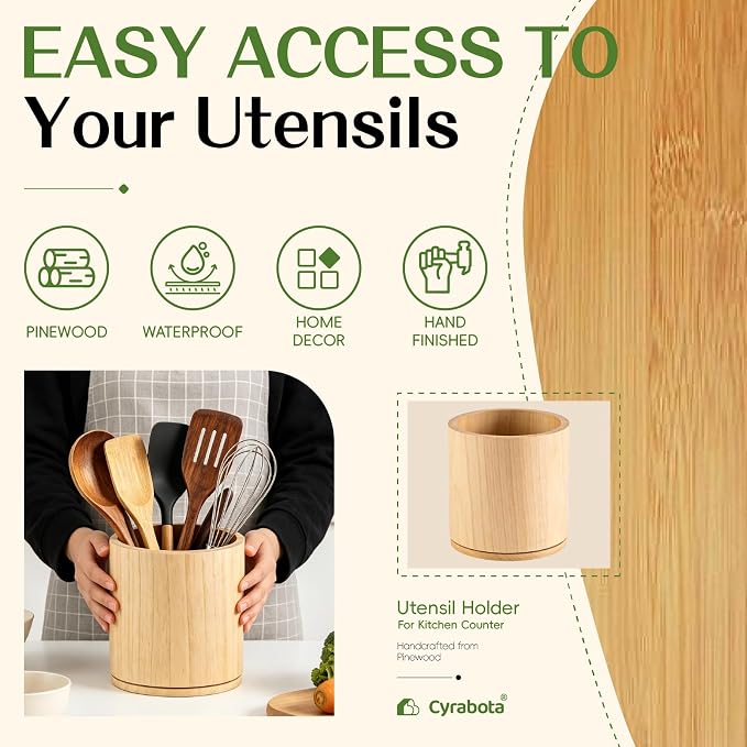 Pine Wood Utensil Holder 360°Rotating Anti-Tip Design for Kitchen Counter,Cooking Utensil Crock for Countertop , Large Utensil Organizer for Spatula (Pine wood)