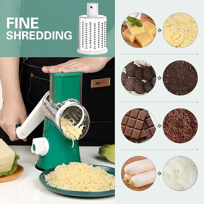 Cambom Rotary Cheese Grater Hand Crank Cheese Shredder for Fresh Cheese, Vegetable, Nuts,Non-slip Suction Base, Three Blades, Dark Green