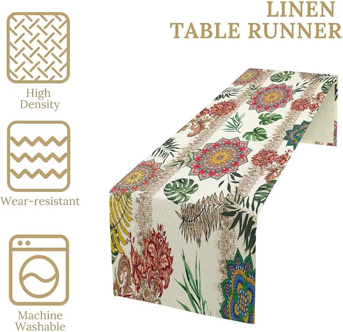 Boho Floral Table Runner, Vintage Rustic Abstract Geometric Natural 70s Watercolour Indian Mandala Botanical Flower Leaves Table Decor Table Top Dining Kitchen Wedding Party 13x108 in