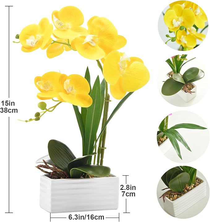 Artificial Real Touch Orchid Flowers in Pot Fake Phalaenopsis Flower with White Ceramic Vase Faux Orchids Arrangement for Home Table Office Wedding Party Decoration (Yellow)