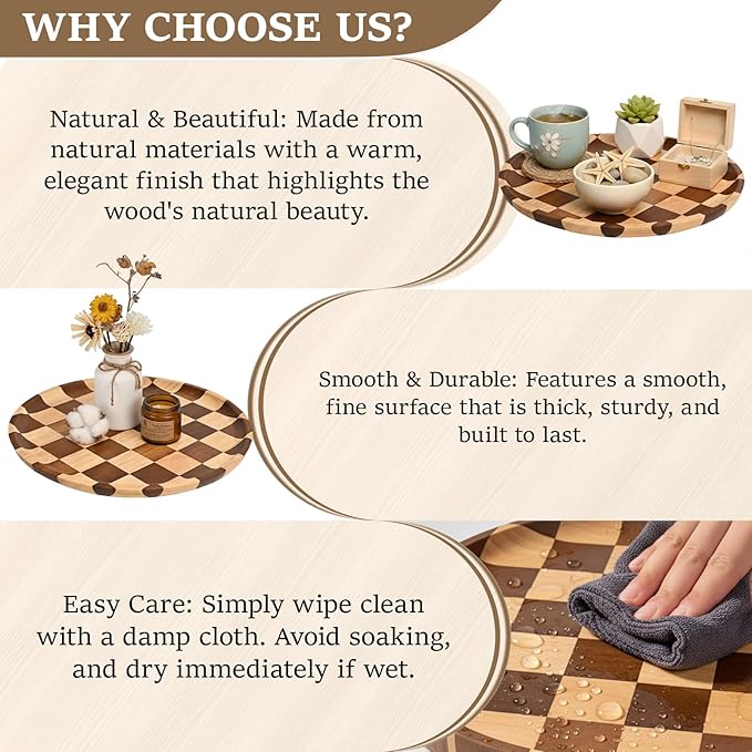 MSJGA 11 Inches Round Wooden Serving Trays Decorative Candle Plate Holder with Unique Checkered Design for Home Decor, Coffee Table, Dining Table, Kitchen Island