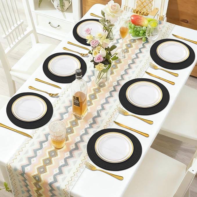 Round Placemats Set of 6, Cotton Rope Woven Table Mats, Hot Pads for Kitchen, Non Slip Heat Resistant Place Mats, 13 Inches Braided Placemat for Farmhouse Decor and Kitchen Table Decor (Black)