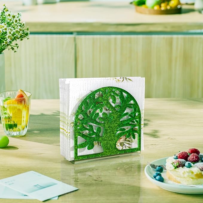 Napkin Holder, 2 PCS Green Acrylic Napkin Holder for Table, Standing Paper Napkin Dispenser for Kitchen Home Tree Design Cocktail Napkin Organizer for Coffee Shop Table Decor (2pcs Tree-Shaped Green)