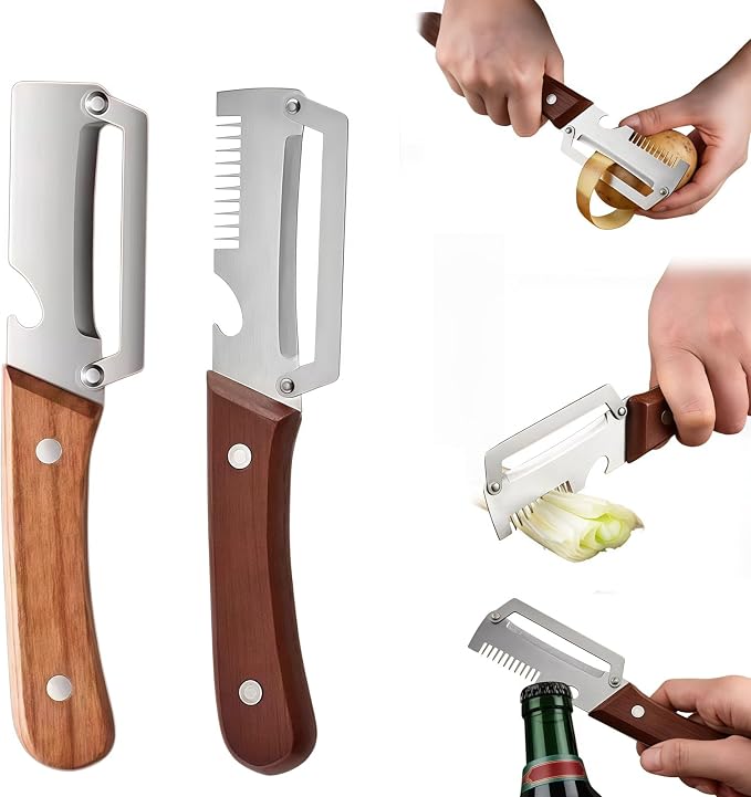 3-in-1 Vegetable Peeler with Scallion Shredder & Bottle Opener – Wide Stainless Steel Blade, Wooden Handle Julienne Cutter, Multi-Functional Kitchen Gadget for Home, Camping, Travel