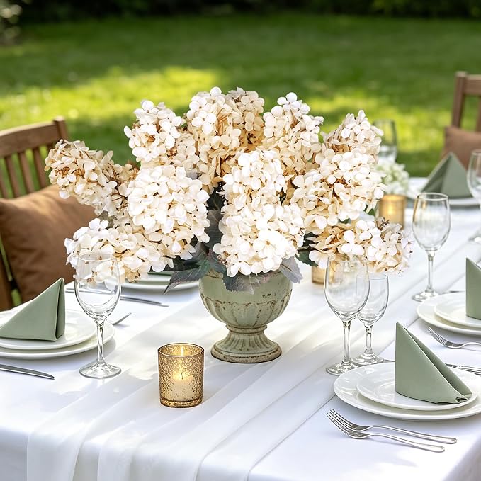 2FT Hydrangea Artificial Flowers - 10 PCS Long Stem Faux Cone Hydrangeas for Tall Vase, DIY Vintage Floral Table centerpieces for Dining Room, and Home Kitchen Decorations - Ivory White