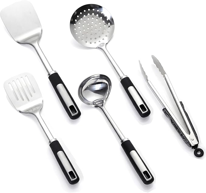 Cooking Utensil Set, Stainless Steel Kitchen Tools Include Solid & Slotted Spatula,Soup Ladle, Heat-Resistant, Dishwasher Safe, Ergonomic Handle
