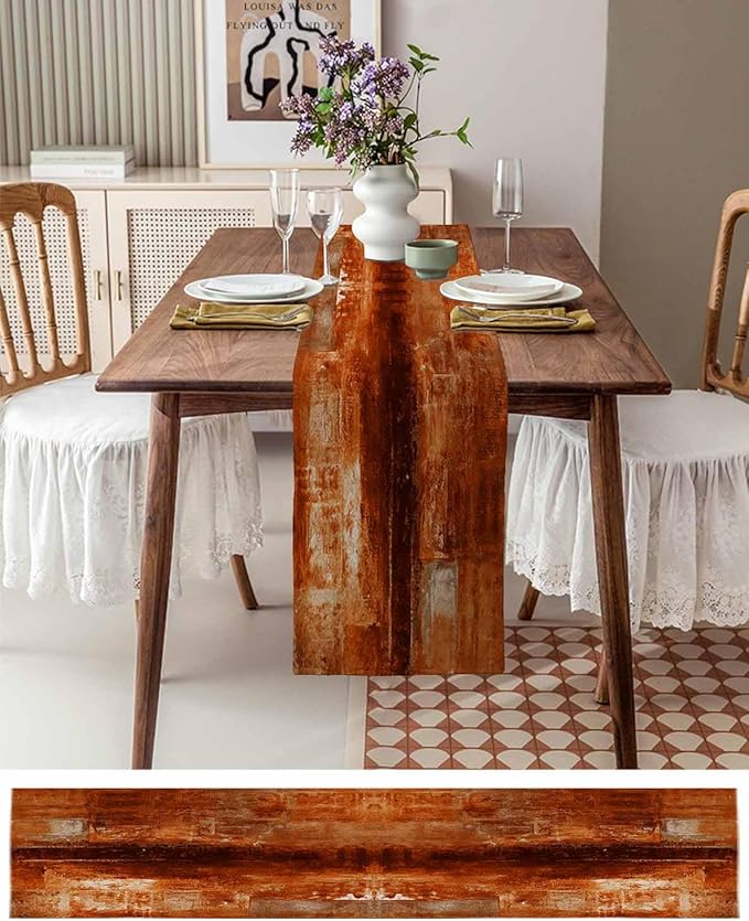 Burnt Orange Table Runner - 120 Inch Long, Oil Modern Paintings Abstract Kitchen Dining Table Runner Dresser Scarves, Geometric Artwork Grey Orange Tablerunner for Coffee Table Wedding Party, 13x120in