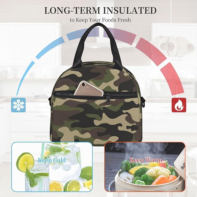 bassyil Camouflage Hunting Camo Insulated Lunch Bag Reusable Lunch Box With Adjustable Shoulder Strap Cooler Tote Bag For Men Women