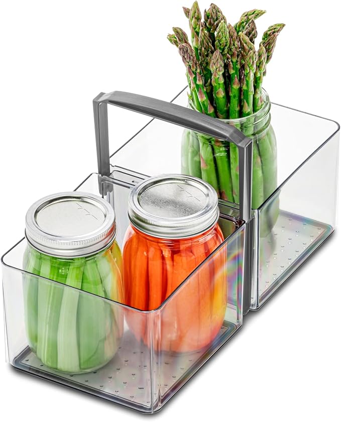 madesmart Fridge Portable Tote, Condiment Caddy with 2 Compartments, Pop-Up Handle & Non-Slip Base, Refrigerator Organizer for Sauces, Jars & Small Items, Clear