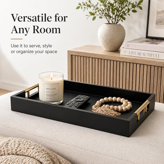 Luxury Black Ottoman Tray with Gold Handles – 12x17 Large Decorative Serving Tray for Coffee Table, Couch, Breakfast in Bed & Home Décor – Modern Wood Display Tray
