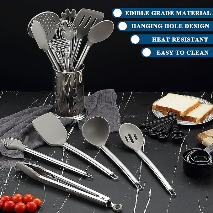 Kitchen Utensils Set, Kyraton 38 Pieces Non-Stick Silicone Cooking Utensils Set, Spoon Spatula Set with Sturdy Stainless Steel Utensil Holder, Dishwasher Safe