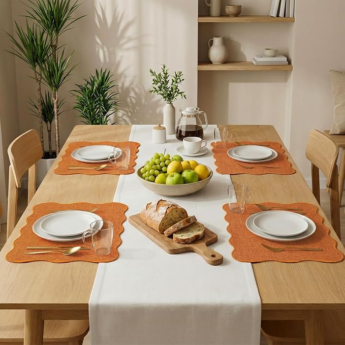 AHHFSMEI Faux Linen Placemats Set of 4 Heat Resistant Non-Slip Stain Proof Table Mats for Kitchen Dining Elegant Decor Place Mats (Orange 4)