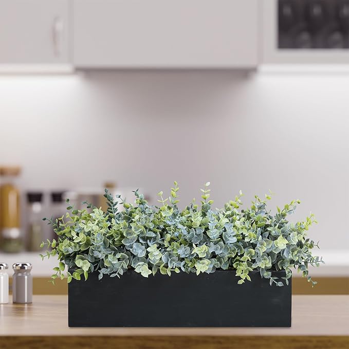 Winlyn 14" Artificial Eucalyptus Arrangement Faux Eucalyptus Plants in Black Rectangular Wooden Planter Box Artificial Potted Plant for Farmhouse Home Wedding Table Centerpiece Shelf Greenery Décor