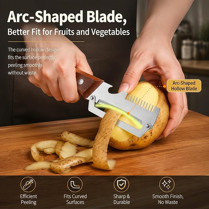 3-in-1 Vegetable Peeler with Scallion Shredder & Bottle Opener – Wide Stainless Steel Blade, Wooden Handle Julienne Cutter, Multi-Functional Kitchen Gadget for Home, Camping, Travel