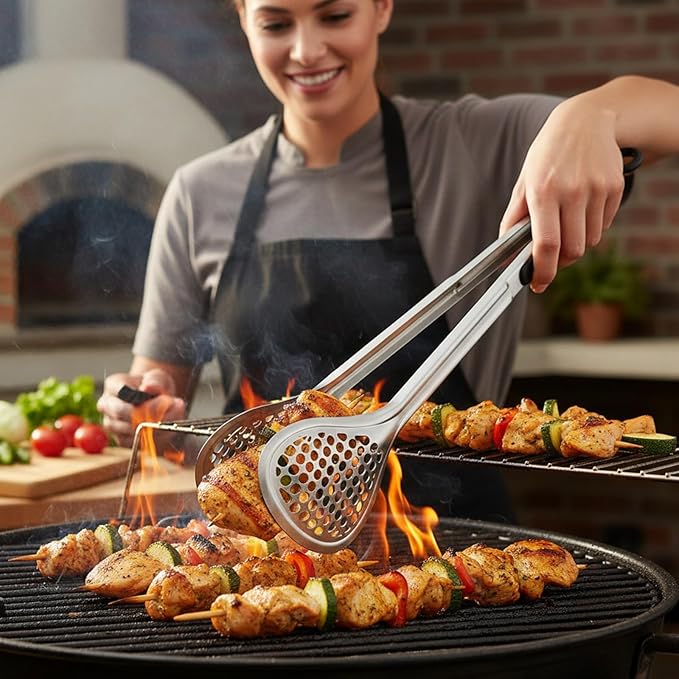 TOPZEA 4 Pack 12 Inch Stainless Steel BBQ Tongs, Heat Resistant 600°F Locking Kitchen & Grill Cooking Tongs, Long Barbecue Frying Tong Multi-Purpose Buffet Food Tong for Flipping, Grilling, Serving