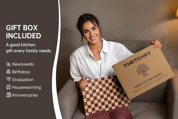 THETCHRY Cutting Boards for Kitchen, Checkered Cutting Board End Grain, Acacia Wooden Chopping Board with Juice Groove & Handle, Serving Tray for Meat, Bread & Fruit, 14"L x 11"W x 0.8"Th
