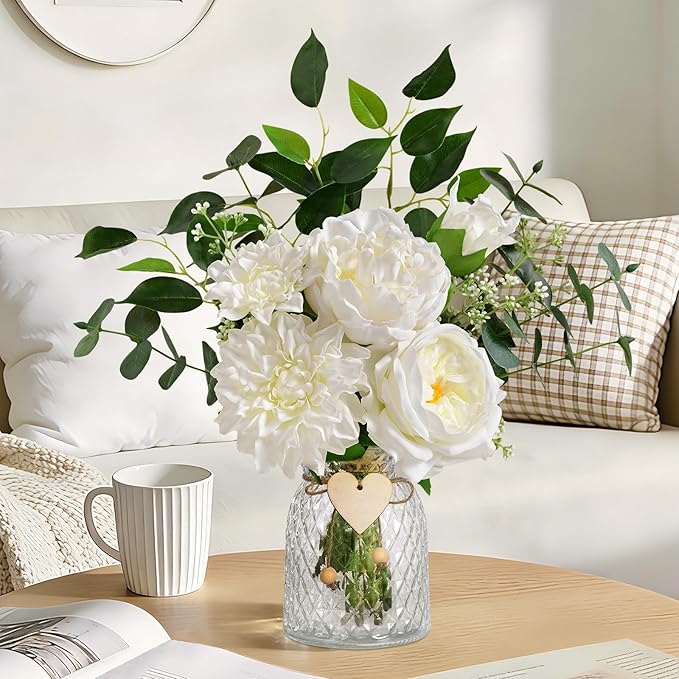 Livole Fake Flowers with Vase, White Real Touch Silk Artificial Flowers in Vase, Fake Plant Eucalyptus Flower Arrangement for Table Centerpieces, Table Decorations for Living Room, Coffee Table, Home