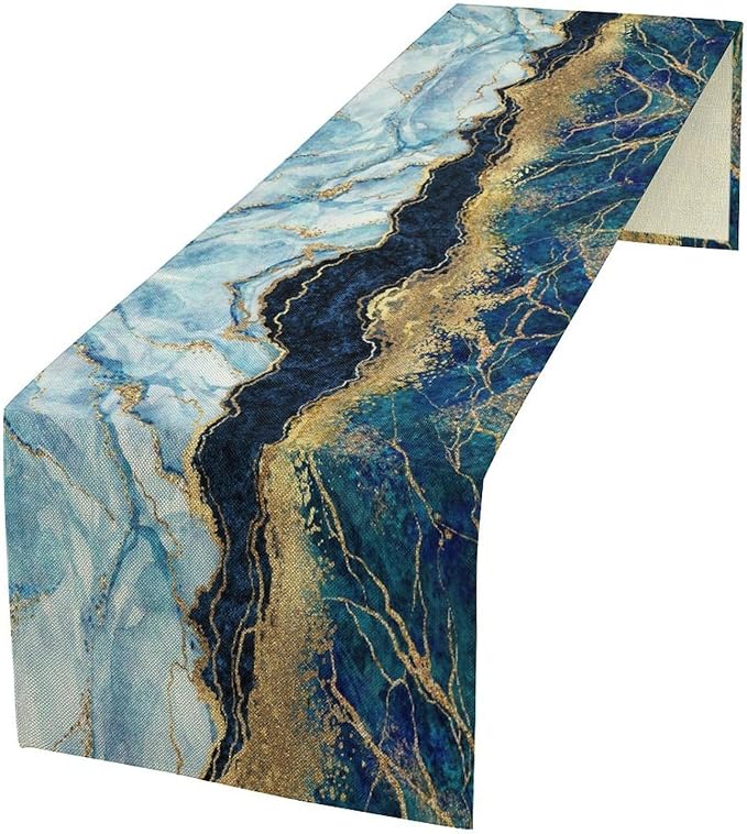 Marble Table Runner, Abstract Blue and Gold Foil Modern Luxury Texture Printed Linen Table Runners for Living Room Kitchen Dining Room Party Holiday Home Decor 13" W x 108" L