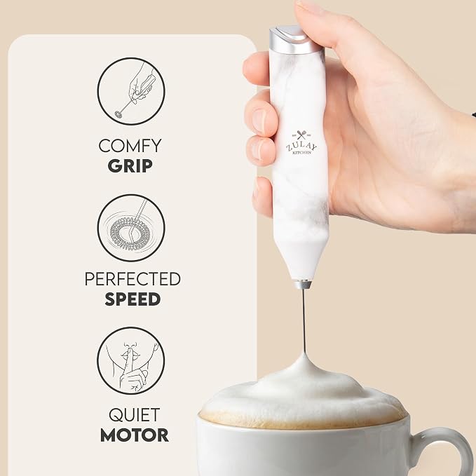Zulay Kitchen Powerful Frother Wand AA Batteries Included, Ultra Fast Handheld Drink Mixer, Comfort Milk Frother, Stainless Steel Whisker, Frother Handheld for Coffee, Protein & Matcha - Frothmate 2.0