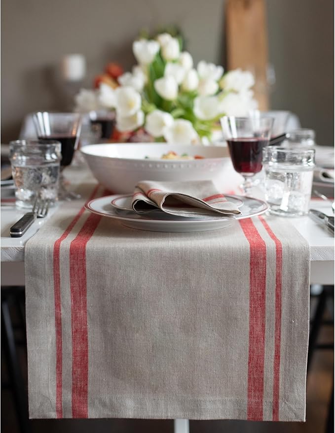 Solino Home Linen Table Runner 72 Inches Long - 100% Pure Linen Red and Natural French Stripe Table Runner 14 x 72 Inch for Dining, Dresser