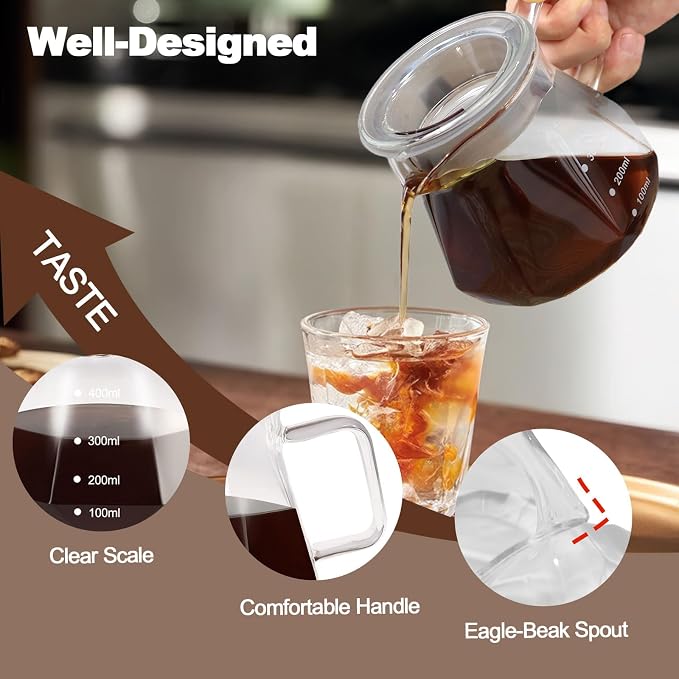 Pour Over Coffee Maker 13.5oz Portable Glass Coffee Maker High Borosilicate Glass Eagle Beak Spout Design with 50 Pcs Filter Paper Walnut Wood Base for Pour Over for Daily Brewing 400ml