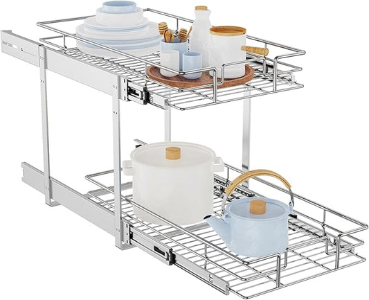 LOVMOR Individual Pull Out Cabinet Organizer, 2 Tier Slide Out Cabinet Drawers, Pots and Pans Organizer and Storage Pantry Shelf for Kitchen (11½" W x 21½" D)