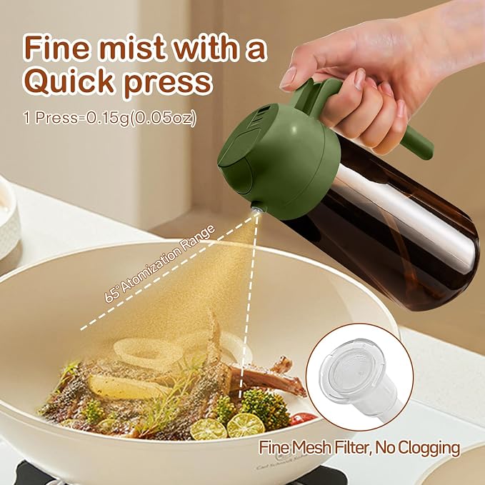 YARRAMATE 16oz/470ml Dark Brown Oil Sprayer for Cooking with Stickers, Food-grade Premium 2 in 1 Olive Oil Dispenser Bottle for Kitchen Gadgets, Air Fryer, Salad, Frying, BBQ (OliveGreen)