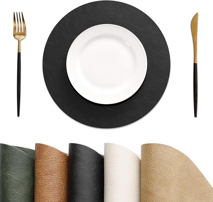 MOSAYT 13 Inch Round Vinyl Placemats Set of 4 - Faux Leather 100% Waterproof Oil-Proof Wipeable PU Place Mats, Heat Resistant Reversible Table Mats for Kitchen, Dining, Outdoor, Black
