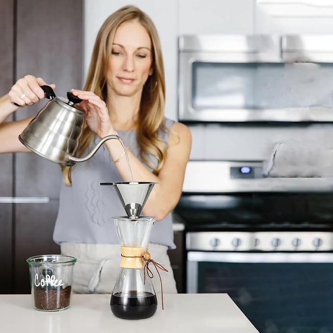 Pour Over Coffee Dripper Slow Drip Paperless Coffee Filter, Double Mesh Stainless Steel Pour Over Coffee Maker for Single Cup Brew Cone Filter, Integrated Cone Coffee Drip Fine Mesh Strainer(5-6 Cup)